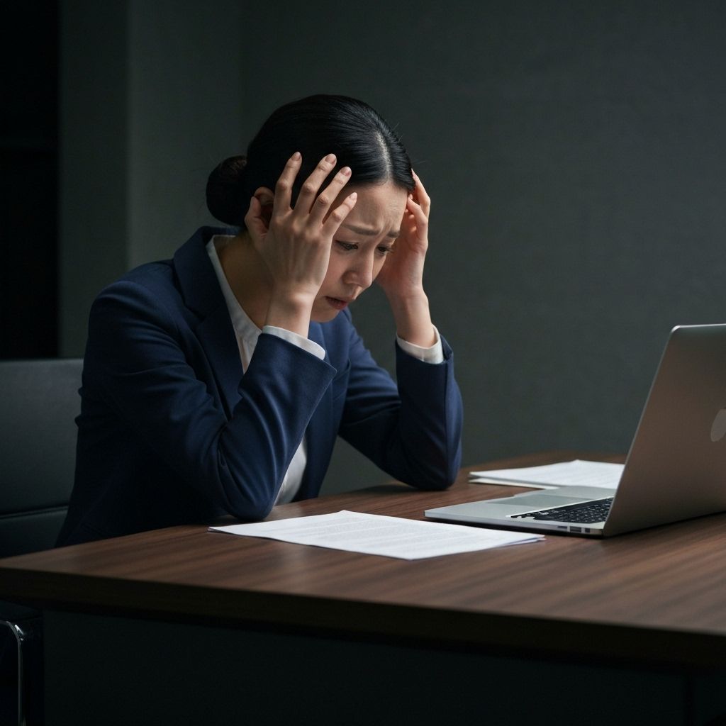 頭を抱えてストレスを感じる日本人女性ビジネスパーソン