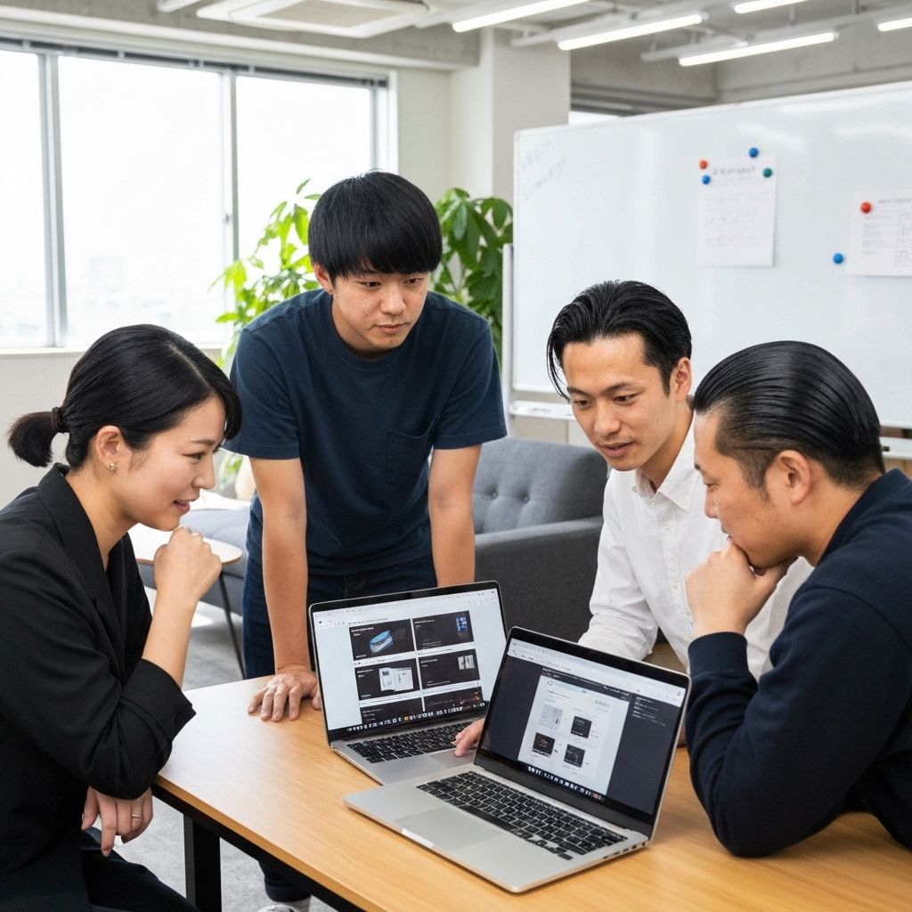 スタートアップチームがラップトップでデザイン作業をしている様子